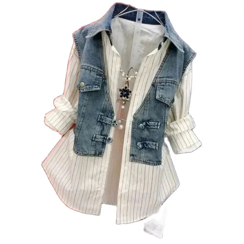 

Design Fake Two Denim Shirts Women's 2024 Early Spring Korean Version Of Casual Western Style Joker Stitching Striped Tops Tide.