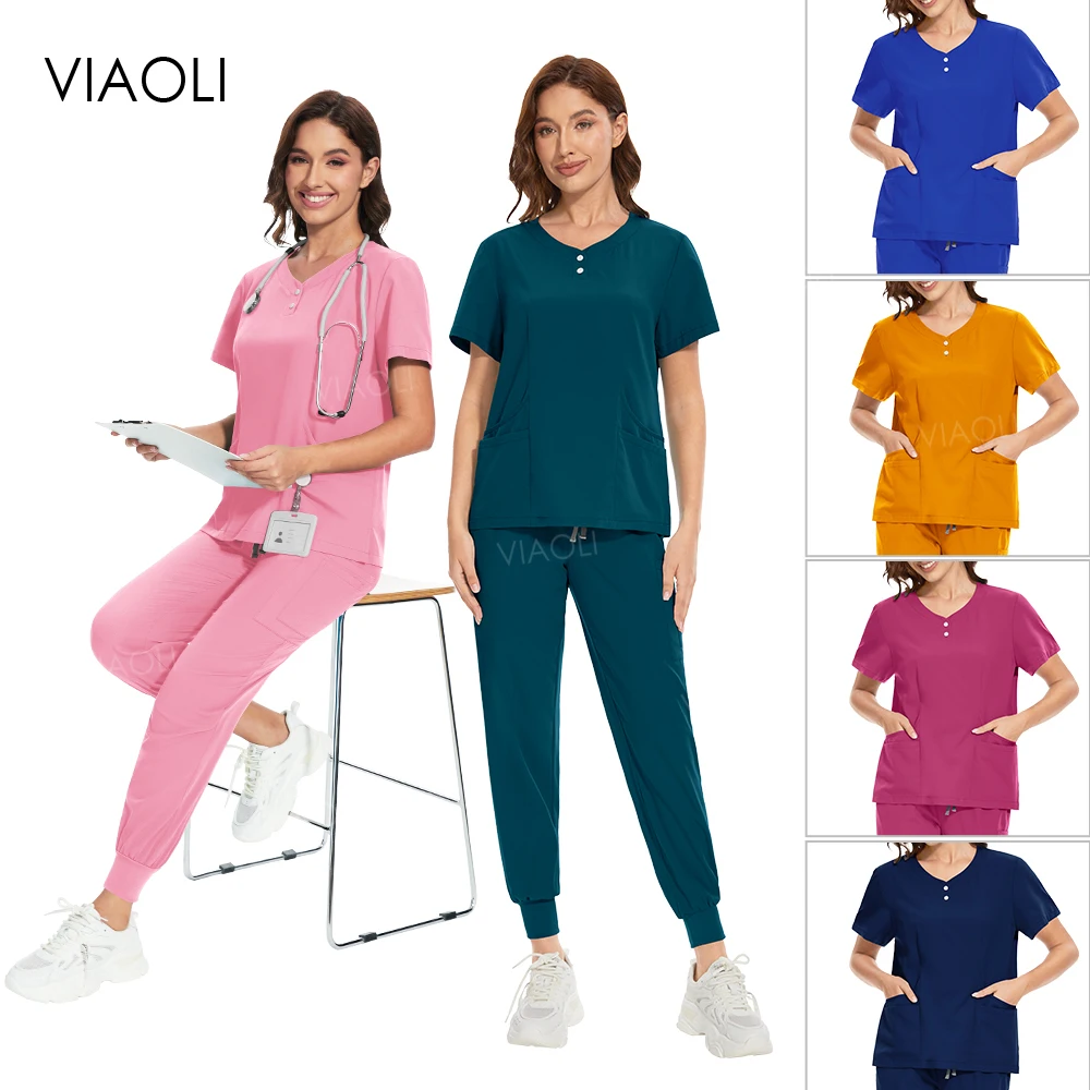 

Nursing Uniforms Lady Dental Scrubs Beauty Salon Healthcare Pharmacy Work Wear Clinical Scrubs Top + Pant Suit Spa Uniform Women