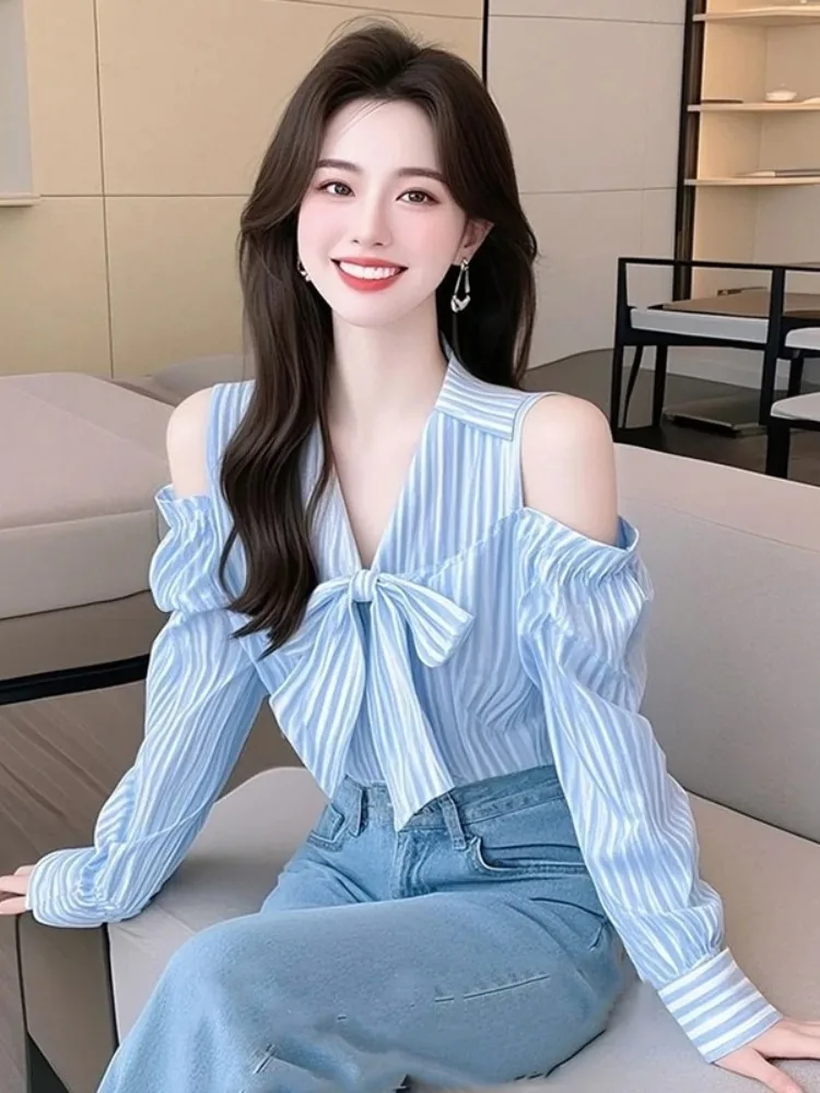 

Unique Beautiful oulder Bared irt Women's Sweet Bow Tie High End Blue Striped irt Korean Sle Loose Fit Long Sve