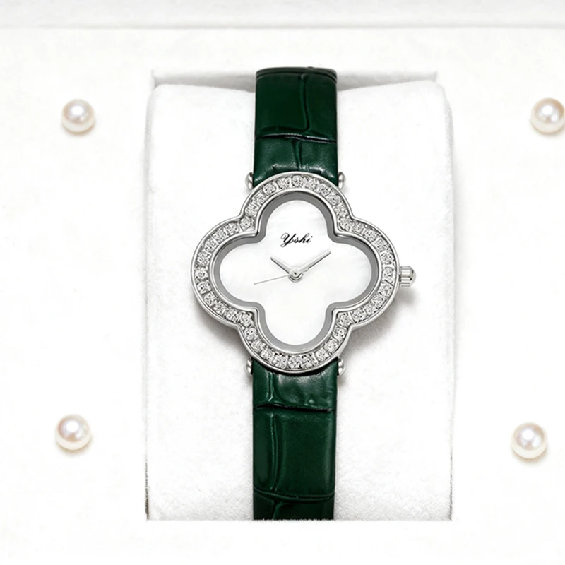 

Женские серебристо-зеленые универсальные кварцевые часы из искусственной кожи с четырьмя листами клевера в городском офисном стиле.