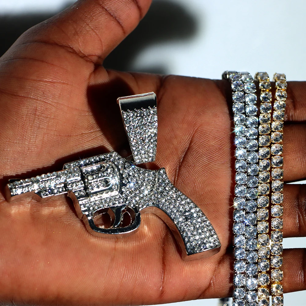 Punk Hip Hop Micro Pave Pistol Pendant Necklace For Men Women Iced Out Bling Gun Necklaces Tennis Rope Cuban Chain Trend Jewelry view 4