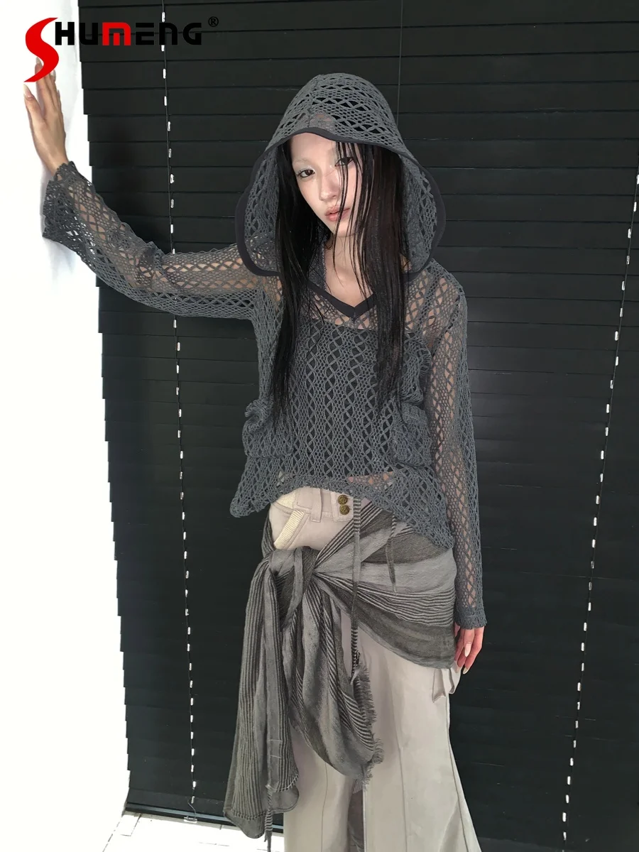 2000s Hot Girl Long Sleeve Hooded Knitted Pullover Women's Autumn Streetwear Fashion Loose Slim Hollow V-Neck Punk Top Clothes