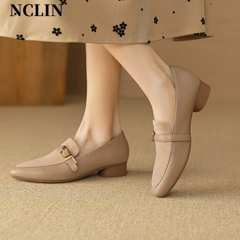 2024 Spring/summer Women Loafers Pointed Toe Chunky Heel Womens Shoe Genuine Leather Shoes Women Casual Retro Pumps For Women