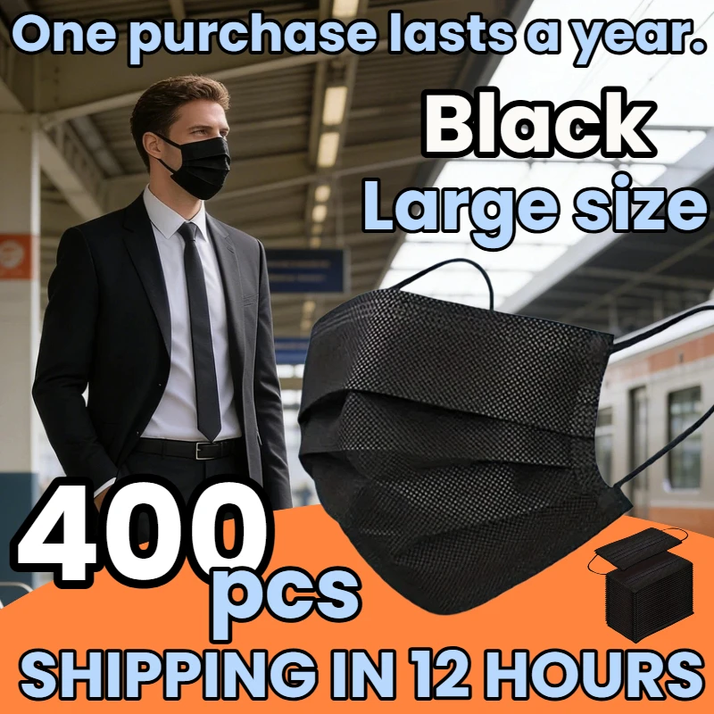 Fast Delivery! 400Pcs Thickened Black Disposable Protective Masks - 3-Layer Breathable and Comfortable, with Adjustable Ear Loops and Secure Nose Pads - Affordable for Home Use, Can Be Purchased in Bulk, Perfect for Outdoor Activities, Home, Commuting, Office, School, Unisex