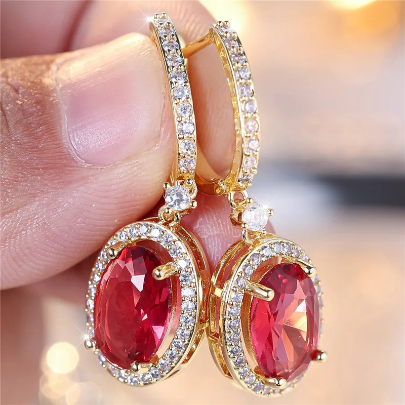 Luxus Weibliche Rose Rot Oval Zirkon Stein Clip Ohrringe Charme Gold Farbe Hochzeit Schmuck Für Frauen