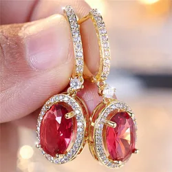 Luxury Female Rose Red Oval Zircon Stone Clip Earrings Charm Gold Color Wedding Jewelry For Women