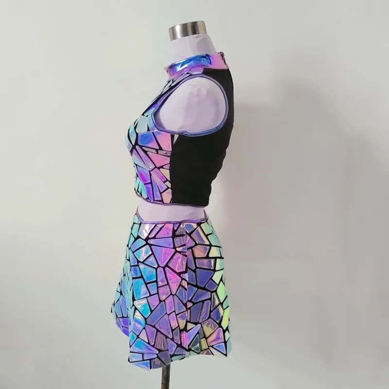 الأرجواني الأزرق الليزر مرآة القمم تنورة 2 قطعة أداء الملابس النساء المغني راقصة بار ملهى ليلي المرحلة ارتداء ملابس رقص الحفلات