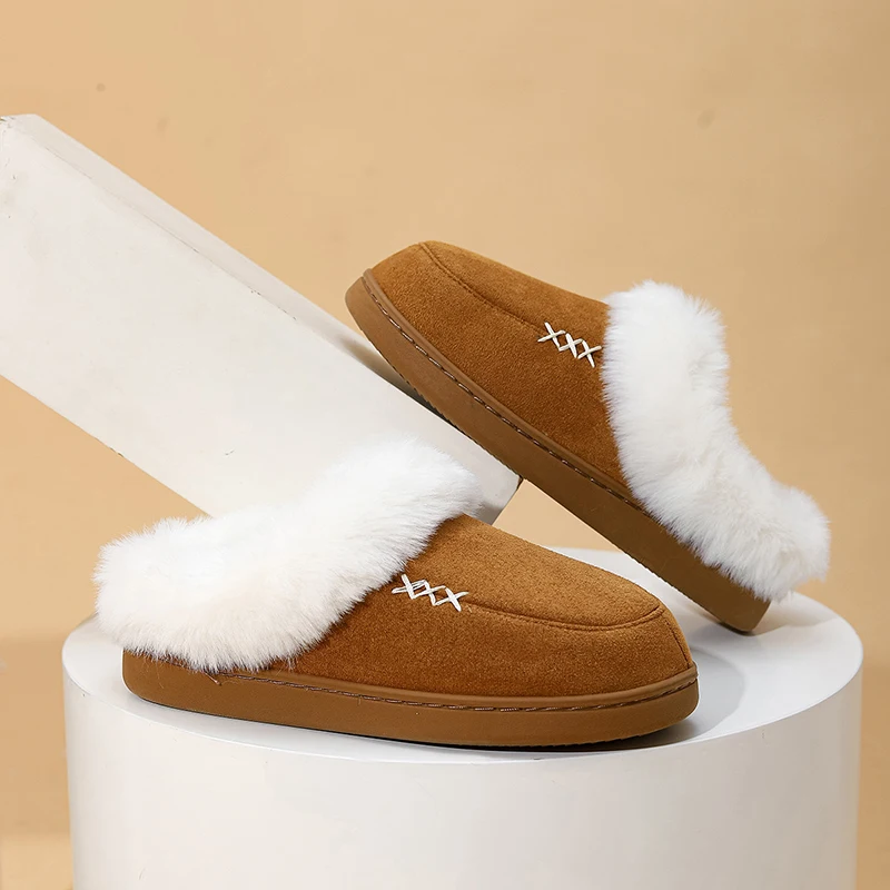 Bebealy Winter Fashion XX Cotton Slippers White Hairy Cotton Slippers Women Home Slippers Warm Soft Plush Shoes Fluffy Slippers