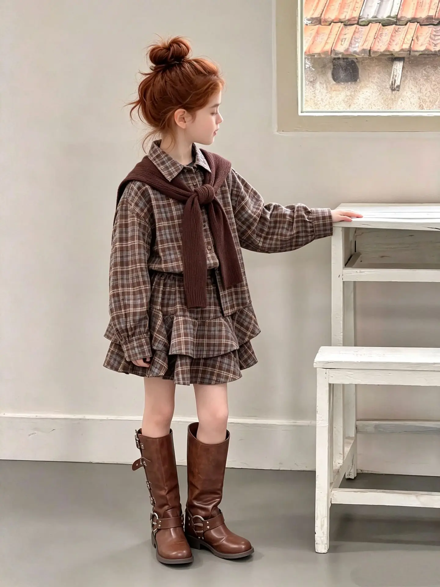 Girls' Retro British Style Patterned Dress Autumn Trendy New Korean Shawl Shirt Skirt Three Piece Set for Children 4