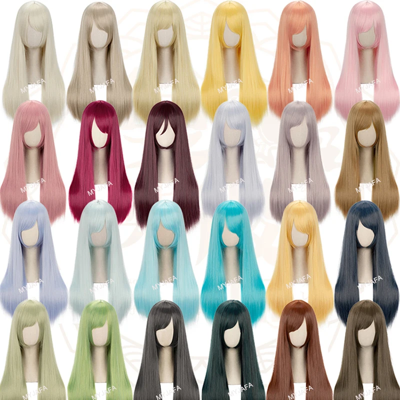 60cm Długa Prosta Peruka Anime Cosplay Blond Złoty Różowy Brązowy Niebieski Zielony Pomarańczowy Czarny Szary Kolory Odporne na ciepło Peruki Lolita