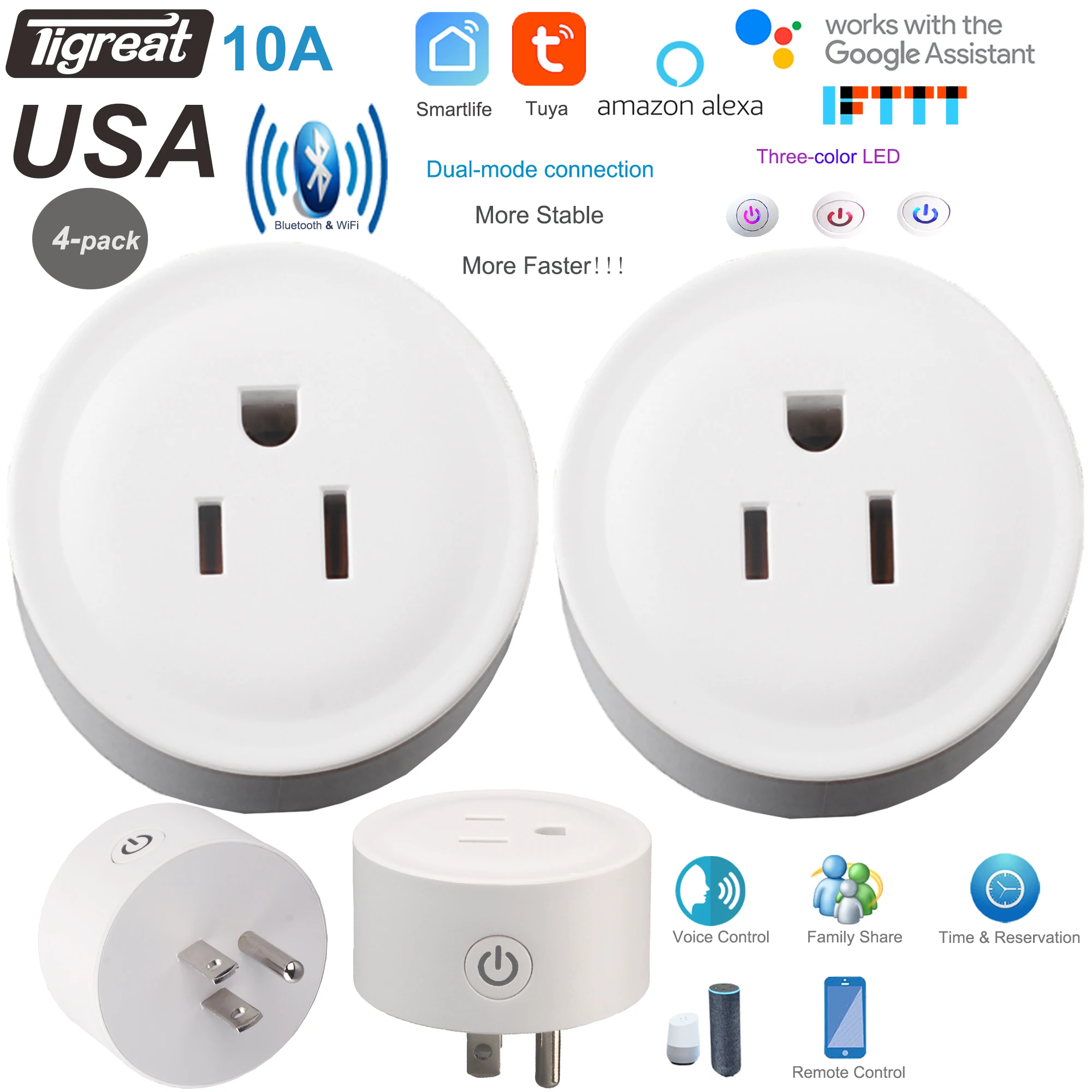 Tigreat Smart Plug WiFi &Bluetooth 10A-Timer&Voice&Remote Control-Alexa/Google Home/IFTTT-Tuya/smartlife-Wireless Outlet Adapter