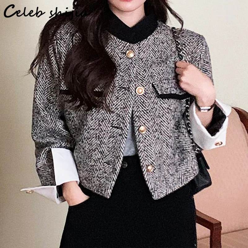 

Chic Elegant Tweed Jacket Women Stand Neck 2023 Winter Vintage Woolen Coat Female Golden Button Business Korean Pocket Outfit