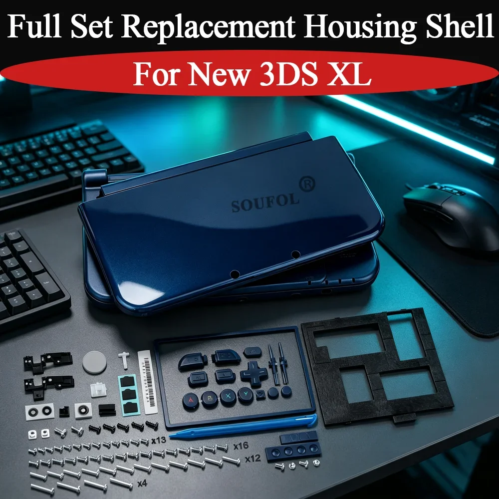 new-3ds-xl-ブルー-フルセットハウジングカバーケース、ボタン、ネジ、交換用シェルキット、修理部品、new-3ds-xl-アクセサリー用