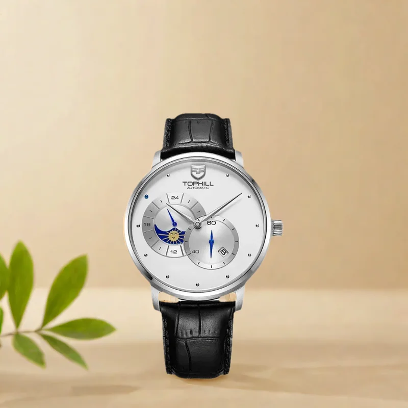 ساعة توفيل للرجال حركة أوتوماتيكية 42 ملم هيكل من الفولاذ المقاوم للصدأ كريستال الياقوت الفرقة الجلدية الثانية الصغيرة مرحلة القمر