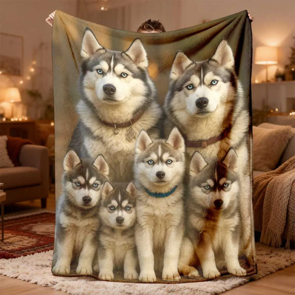 Large Dog Family Portrait Throw Blanket Cozy Wolf Husky Puppy Pet Lover Gift for Couch Decor