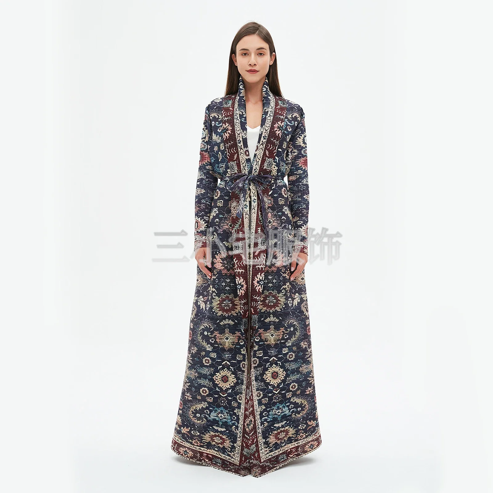 ALSEY Miyake Long Sleeve Printed Dress Windbreak Women 2024 Winter New Original Designer Abayas Turndown Collar Belted Coats