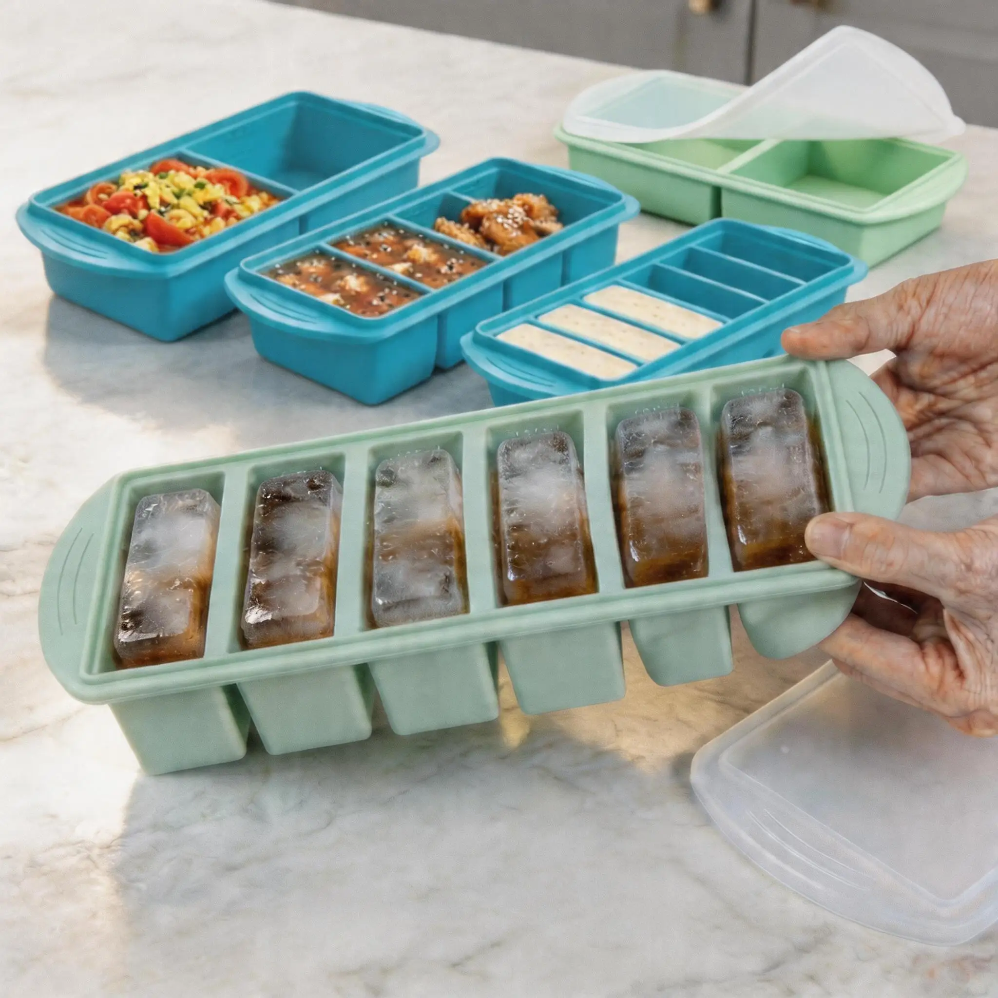 2/4/6-Fach Große Eiswürfelform aus Silikon mit Deckel, Gefrierschrank-Aufbewahrungsbox für Lebensmittel und Suppen, Eiswürfelbereiter