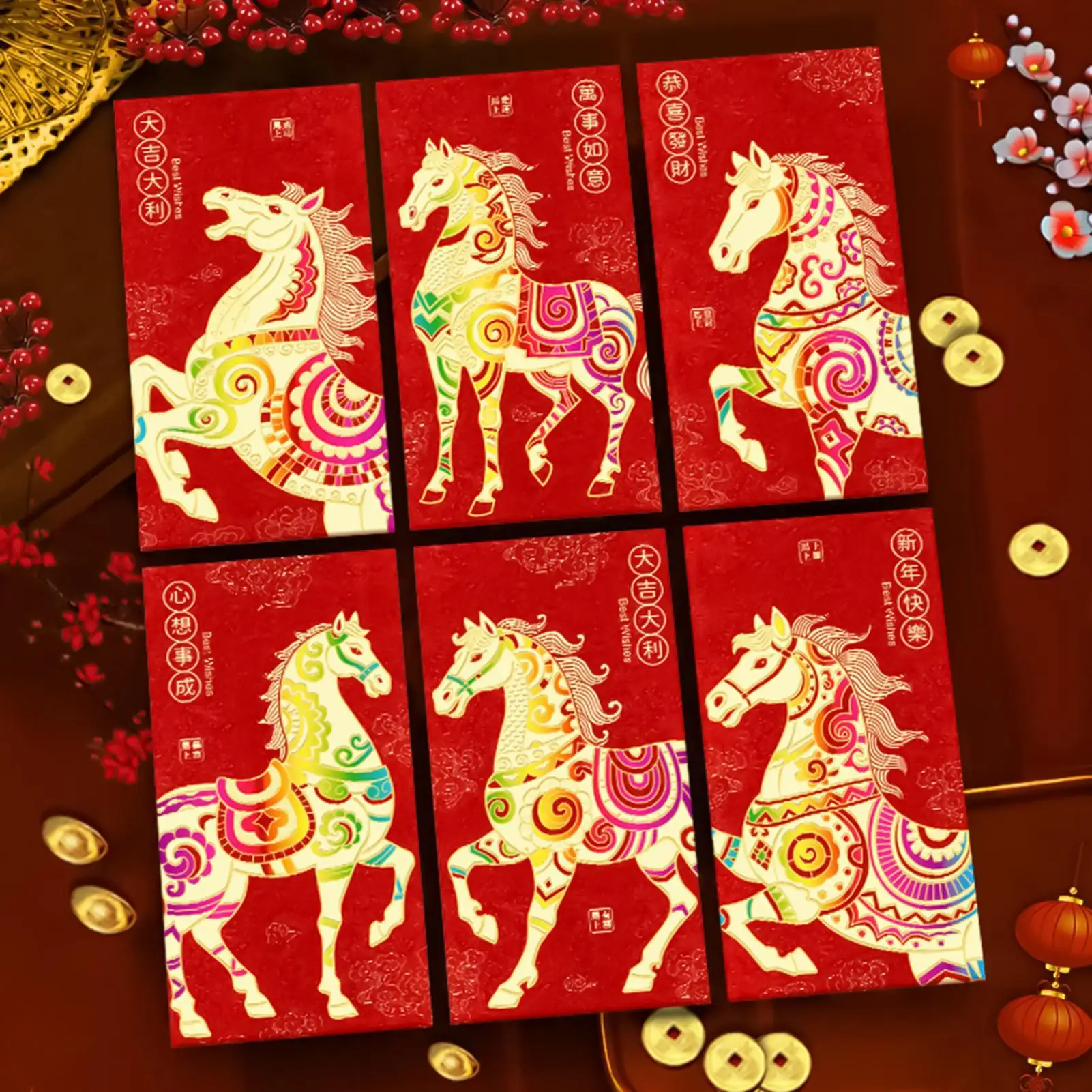 2026 Chinesisches Neujahr, rote Umschläge, Jahr des Pferdes, Glücksgeldbeutel, 6-teiliges Geld, roter Umschlag, Mondneujahrsgeschenke, Geldbeutel