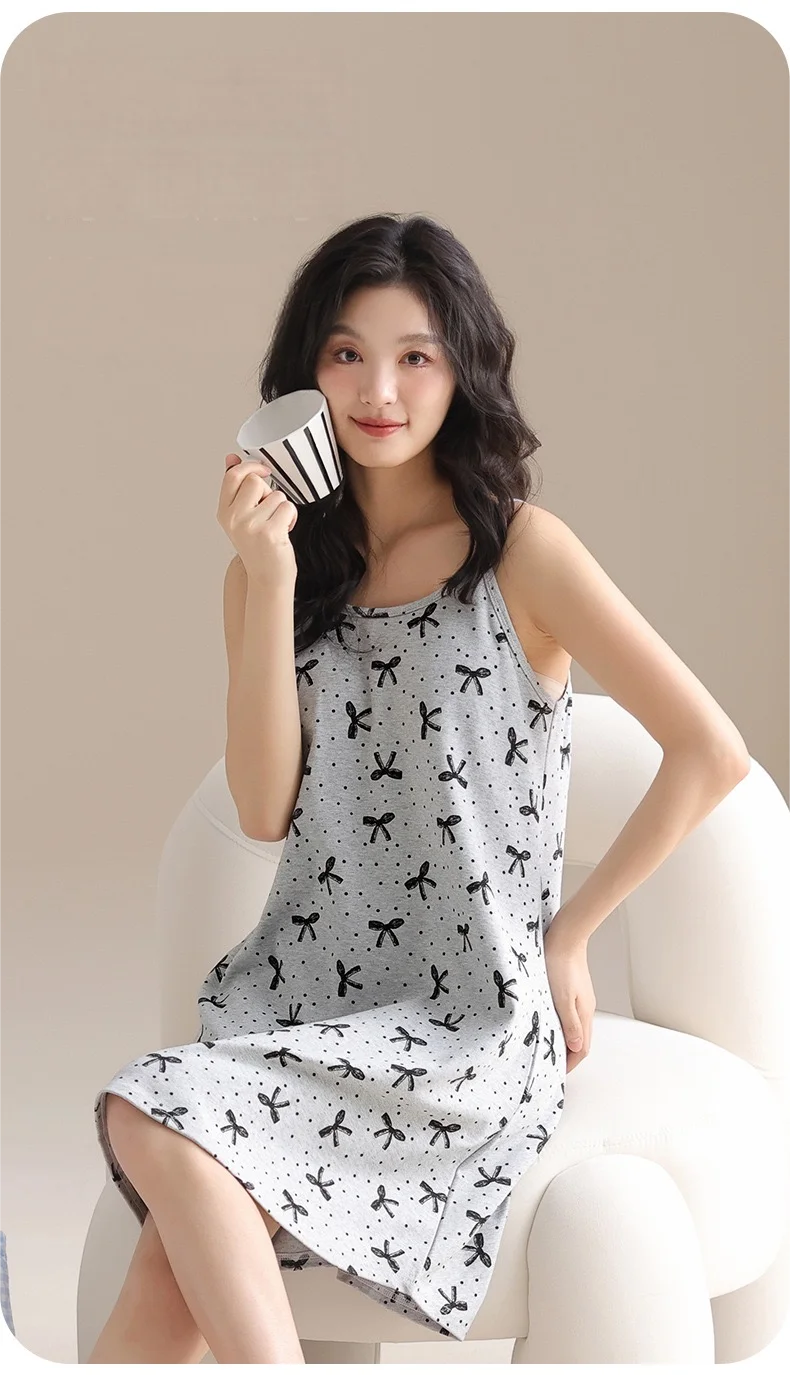 

Dawnloom Women's Light Gray Cotton Bowknot Polka Dot Camisole Nightgown Comfortable Breathable Loose Home Sleepwear