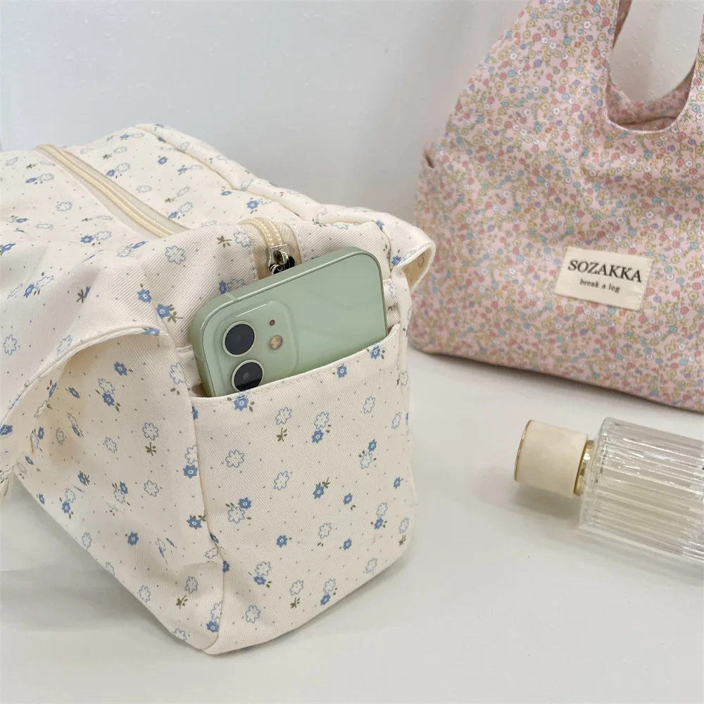 حقيبة صندوق الغداء الأزهار على الطراز الريفي، حقيبة حمل الغداء المكتبية، حقيبة حمل متنوعة ذات سعة كبيرة، حقيبة تخزين مستحضرات التجميل