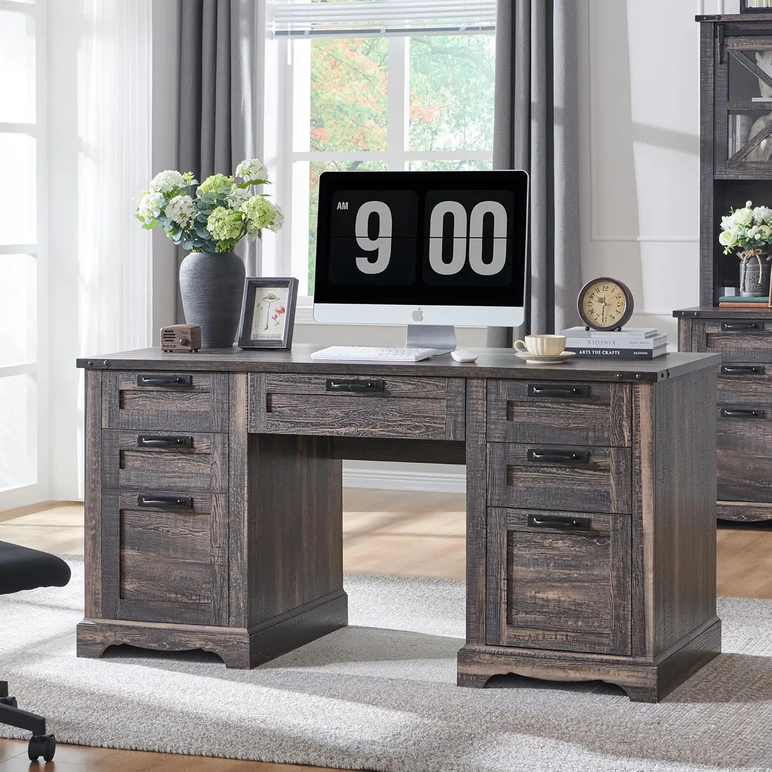 

60"" Executive Desk, Farmhouse Home Office Desk With Drawers, Charging Station, Keyboard Tray, File Drawer, Storage Cabinet,