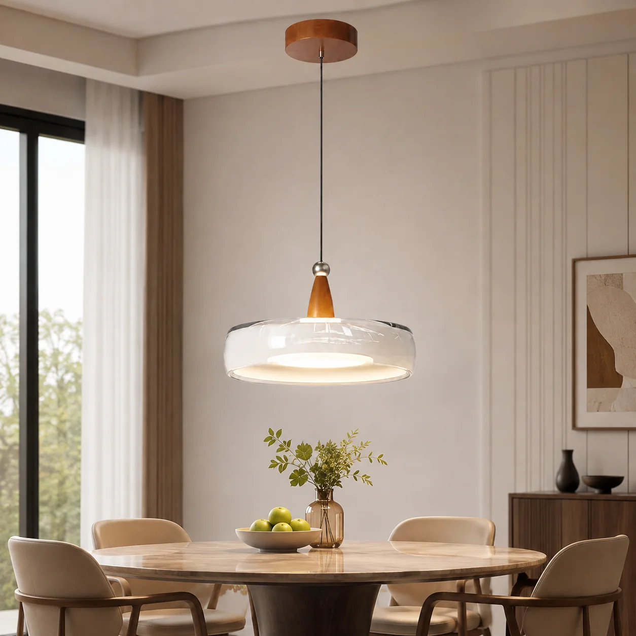 Modern Wood Glass LED Pendant Light 24W 3 Color Temperatures Adjustable Hanging Lamp for Dining Room Bedroom