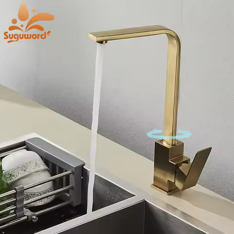 Brush Gold Square Kitchen Faucet Hot and Cold Kitchen Sink Tap 360 Degree Rotation Mixer Deck Mounted Water Crane
