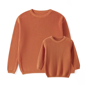 Autumn Winter Fashion Mommy and Me Matching Sweaters Solid Color Ribbed Long Sleeve Round Neck Chunky Knit Tops
