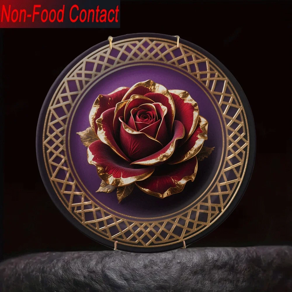 1pc Ceramic Decorative Plate - Golden Filigree & Purple-Red Rose Pattern Round Elegant Serving Dish for home Decor, Wedding,