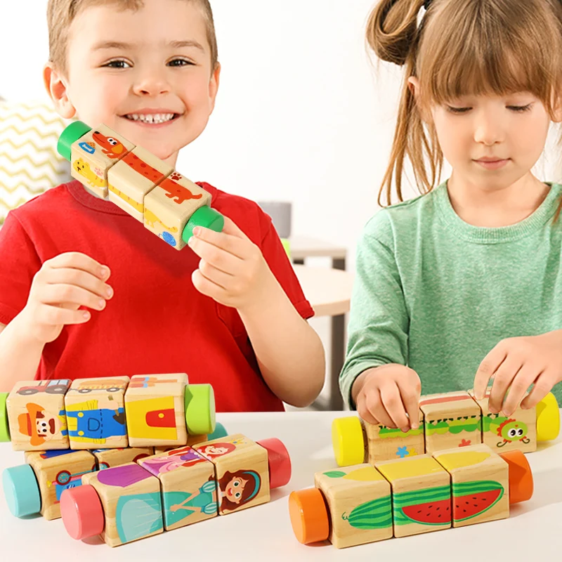 Wooden Rotating Puzzle Blocks, Twist and Match Educational Toy for Kids, Fine Motor Skills, Christmas and Birthday Gift