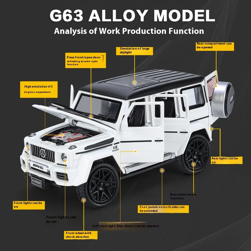 1:32 Scale G63 Alloy Toy Car Model with Sound, Light & Spring-Back Action - Ideal Gift for Kids & Car Enthusiasts - Authentic