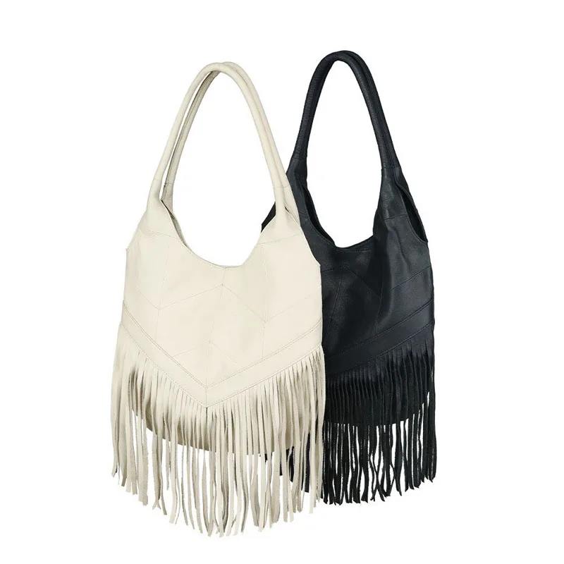 Women Fashion Designer Fringe Bag Boho Style Genuine Leather Bohemian Shoulder Bags Popular Tassels Female Hobo Underarm Handbag