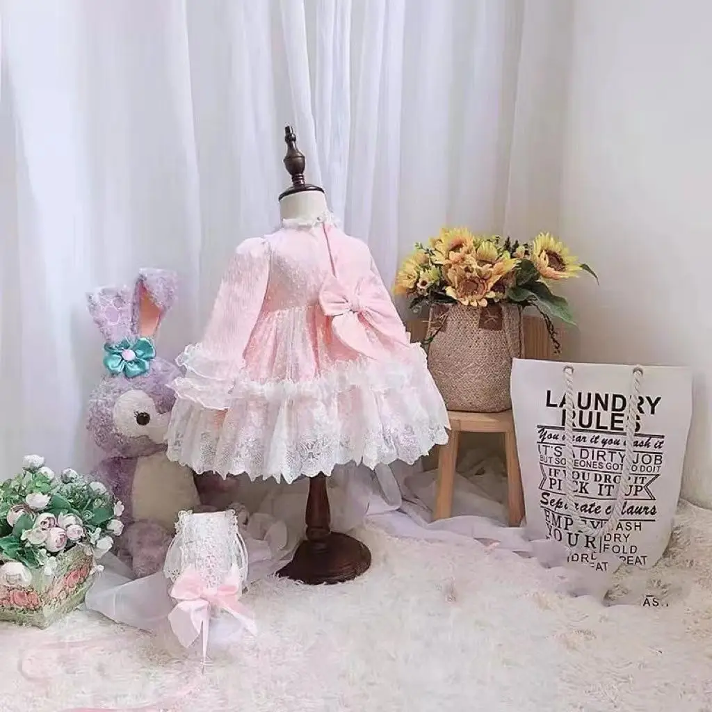 Spring Autumn Spanish Vintage Royal Palace Princess Lace Gauze Dress Girl Kawaii Lolita Clothes Elegant Party Evening Tulle Lace