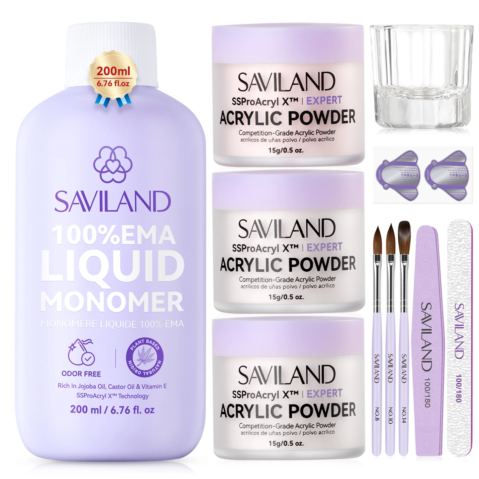 

SAVILAND Professional Acrylic Nail Kit with 200ml Liquid White Pink Clear Powder Size 8 10 14 Brushes Forms for 3D Carving