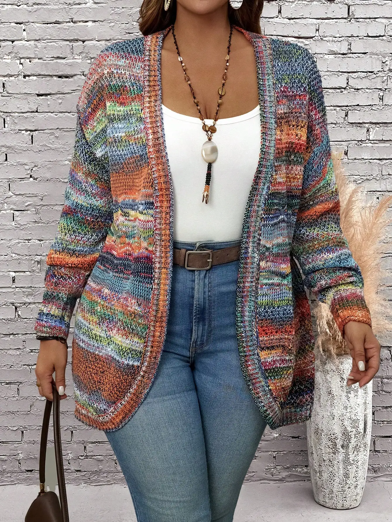 

Разноцветный полосатый вязаный кардиган с открытым передом, длинными рукавами, свободного кроя, повседневный свитер