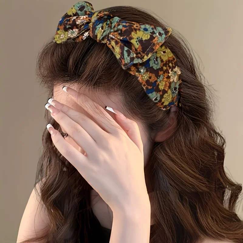 Women Vintage Floral Bow Headband Wide Fabric Knotted Hairband Non Slip Fashion Hair Accessories