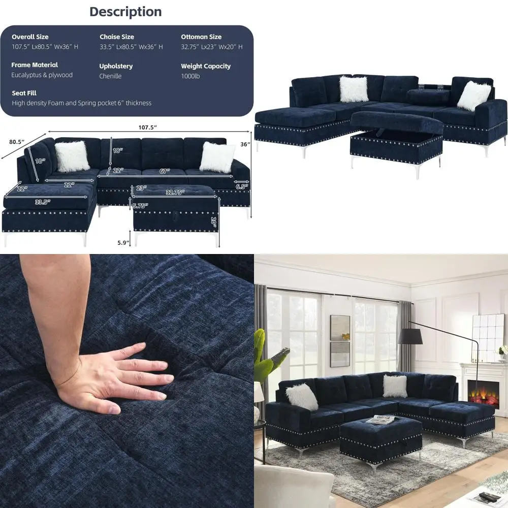 

Navy Blue Chenille 5-Seater L-Shaped Couch with Reversible Chaise and Cup Holders
