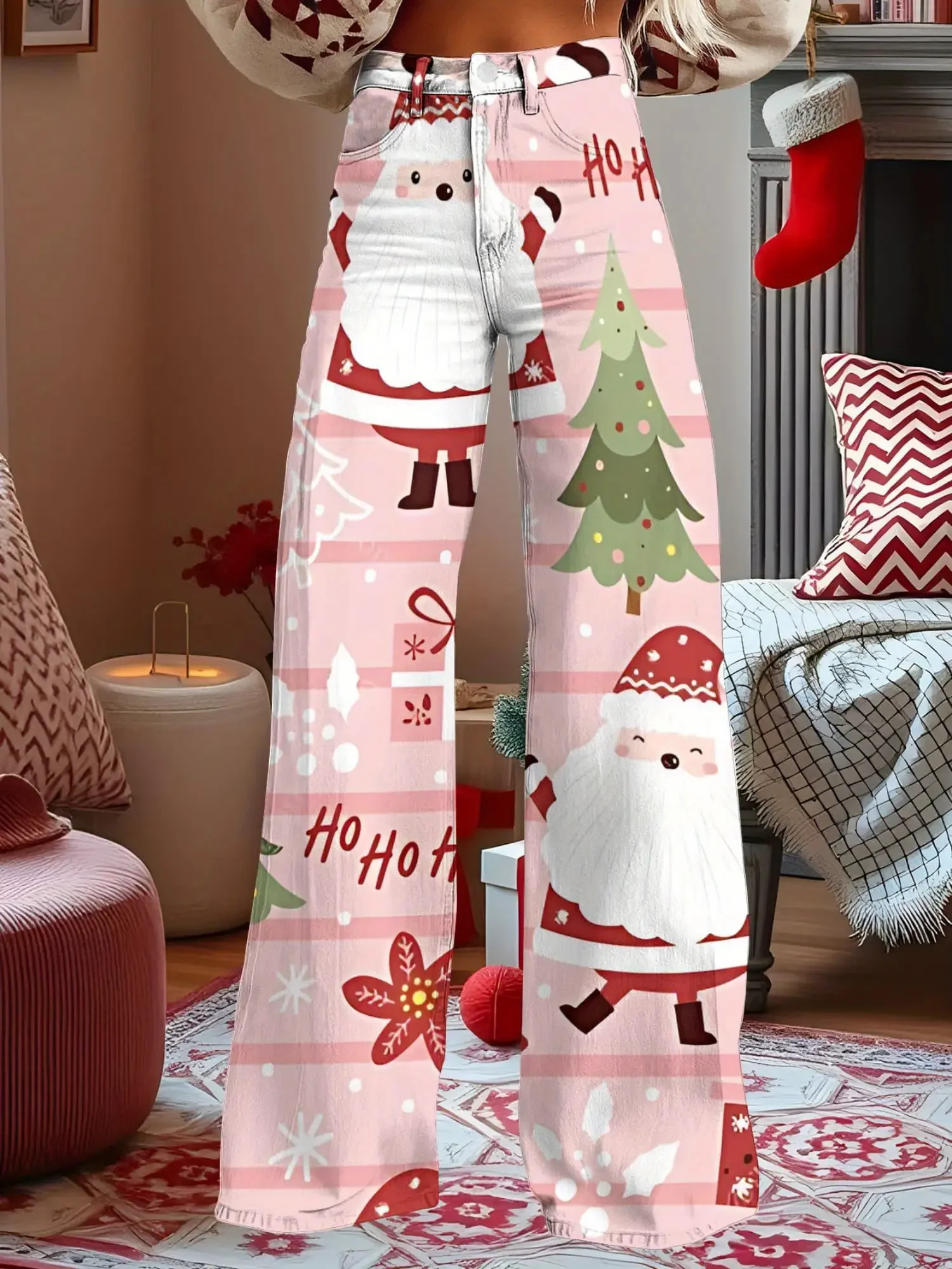 2026 New Christmas Women's Denim Jeans - Casual, Fashionable, Comfortable, Full printed Christmas element patterns
