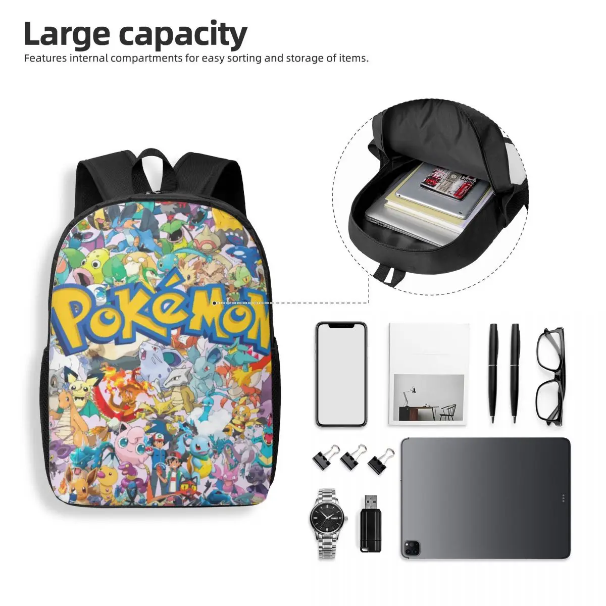 Mochila de estudante simples Pokémon de 17 polegadas – Bolsa escolar leve e espaçosa para meninos e meninas