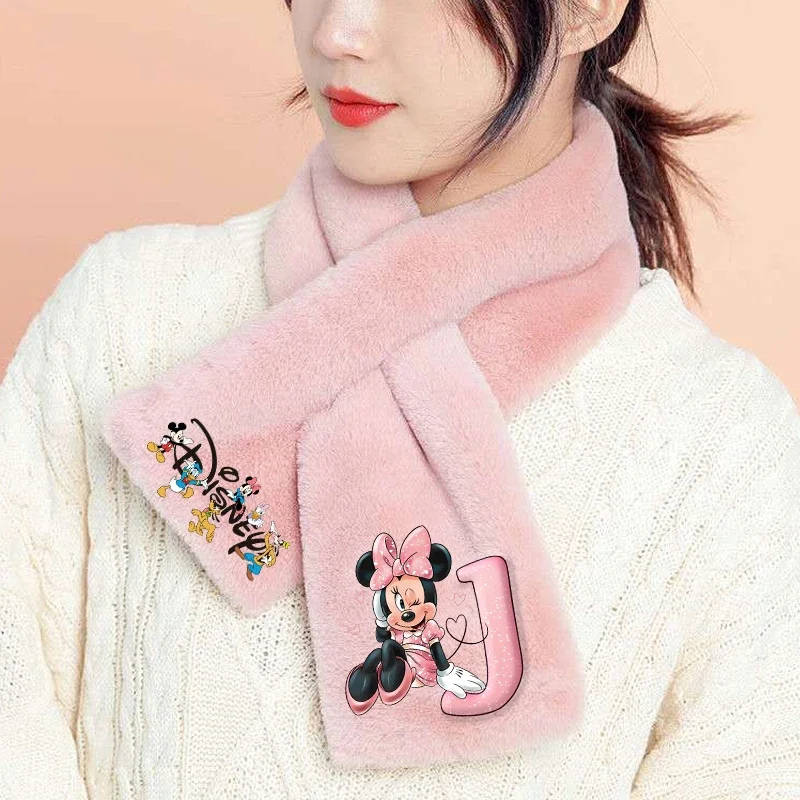 Minnie Mouse Plush Scarf Winter Warm Cartoon Anime Letter A-Z Neck Scarve Thickened Scarf Stuffed Soft for Kids Birthday Gift