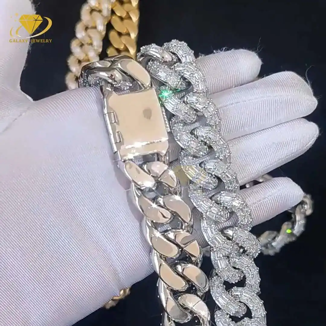

Hip Hop Mens Jewelry Iced Out Baguette Moissanite 20mm Cuban Link Chain 925 Silver Vvs Diamond Miami Cuban Necklace