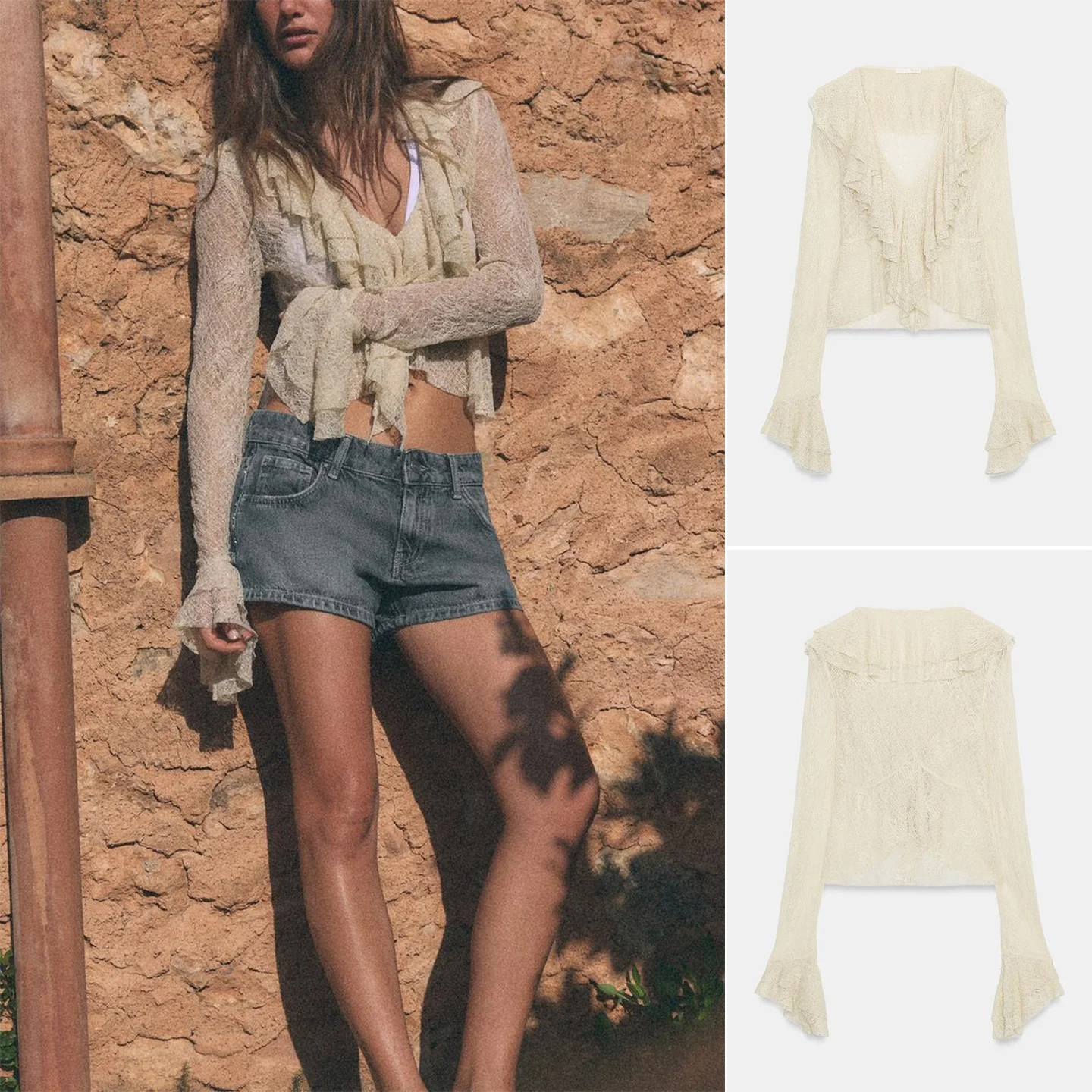 

Summer New Women's Casual Style Long Sleeve V-Neck Hollow out Layered Decorative Lace Top Skin-Friendly Breathable Polyester ...