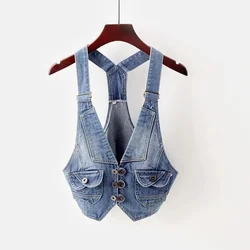 2024 Summer Vintage Sling Denim Vest Women Waistcoat Casual Cowboy Sleeveless Jacket Korean Slim Short Jeans Vests Coat