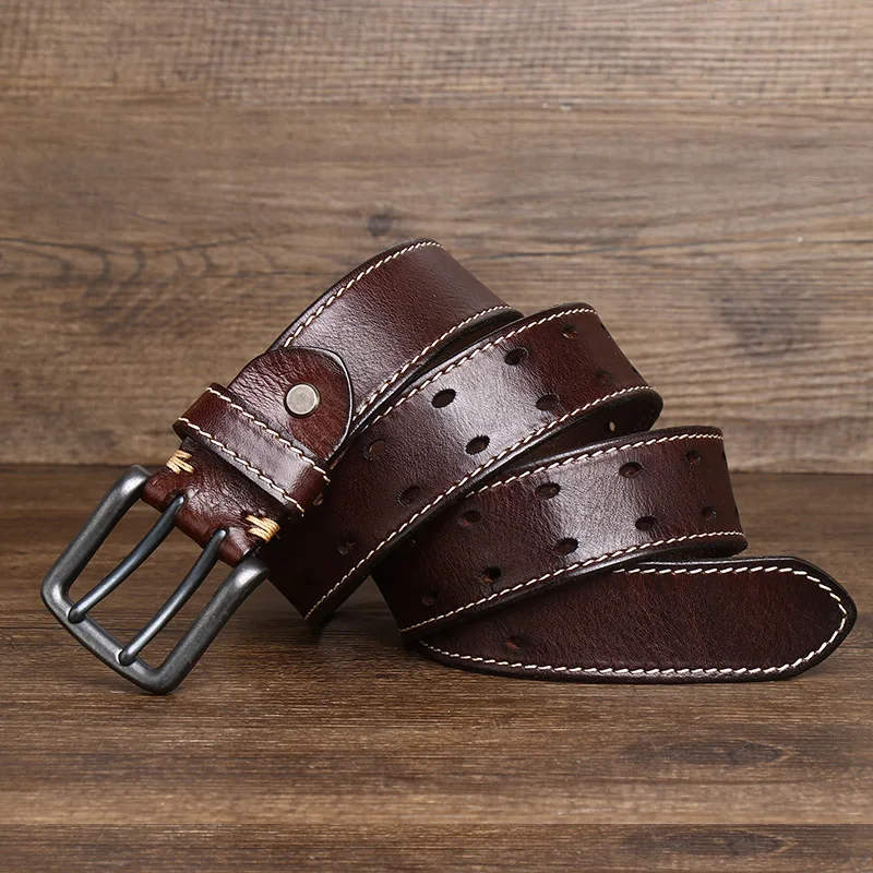 Optique-Ceinture en cuir de vachette véritable pour hommes, designer de luxe, mâle, double broche, haute qualité, sangle de jeans Cowboy, vintage