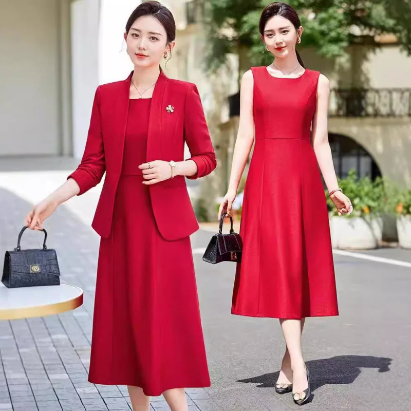 Red suit women's high sense2024new fashionable casualvcollar coat dress two-piece set