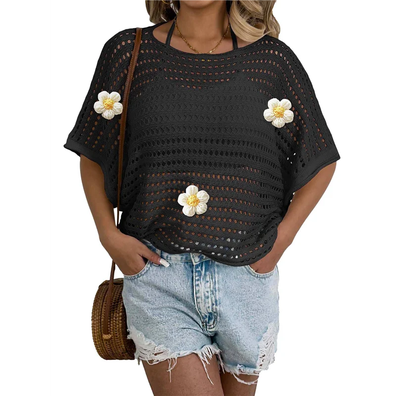 

ABRT-женские вязаные крючком топы с цветочным принтом, вязаный пуловер с короткими рукавами, свитер, летняя пляжная накидка