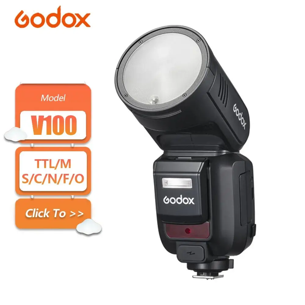 

Вспышка Godox V100S V100C V100N V100F V100O 100W TTL с круглой головкой и 70-дюймовым сенсорным экраном для Sony, Canon, Nikon, Fuji, Olympus