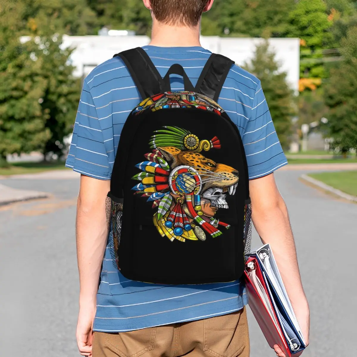 Aztec Skull Jaguar Warrior Mask Mayan Mythology Aztec Mask Backpack Student BookBag Men Women School Bag Computer Shoulder Bags