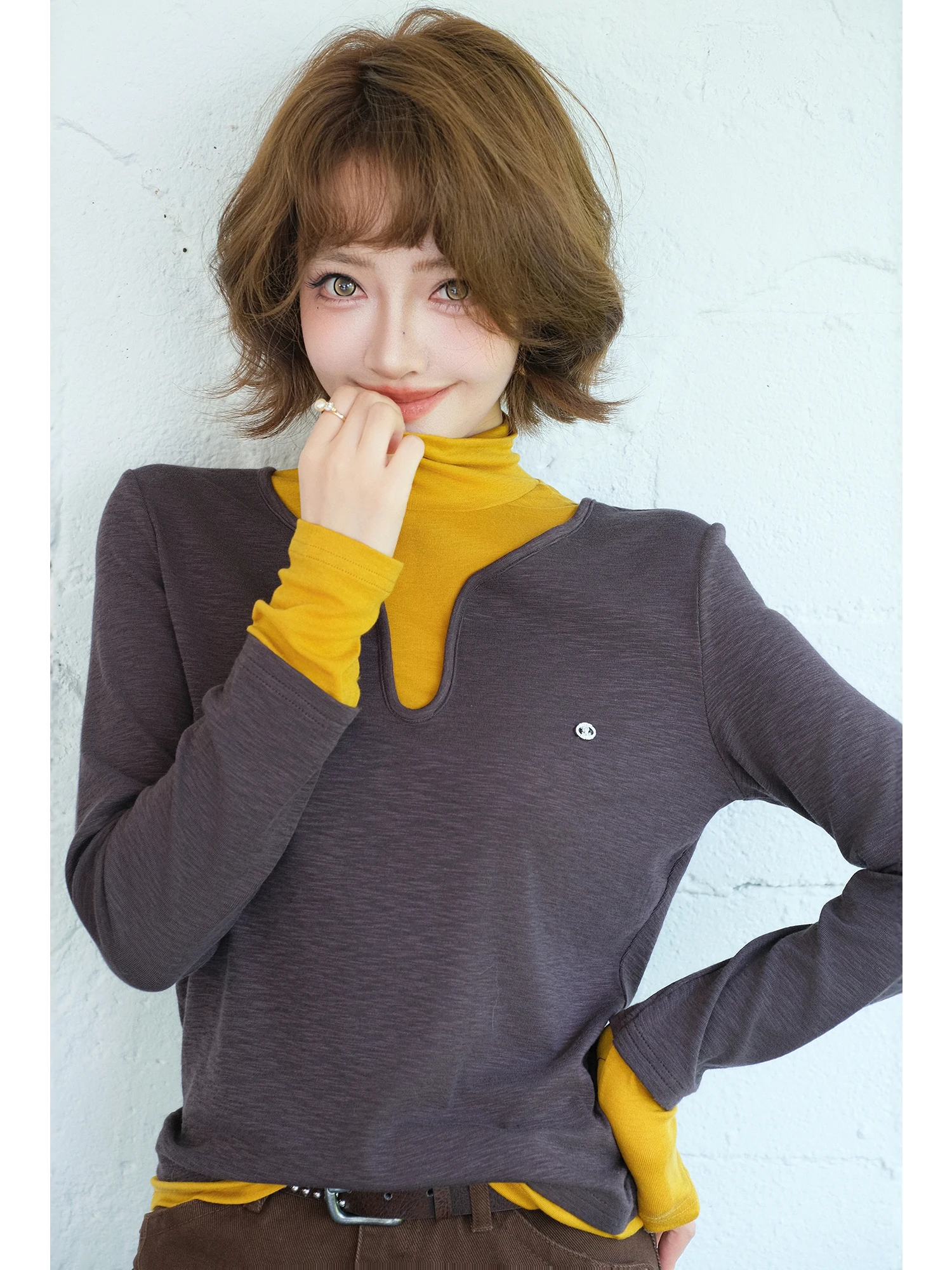 

MIUCO High Ne Knitted Top Color Blo Layering Slim Fit Base irt Autumn Winter Commute Sle Cotton Blend Long Sve T-S...