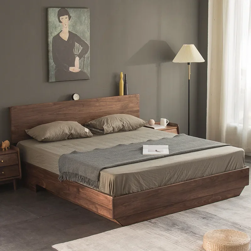 Nordic all solid wood black walnut double bed modern simple Japanese box storage bed